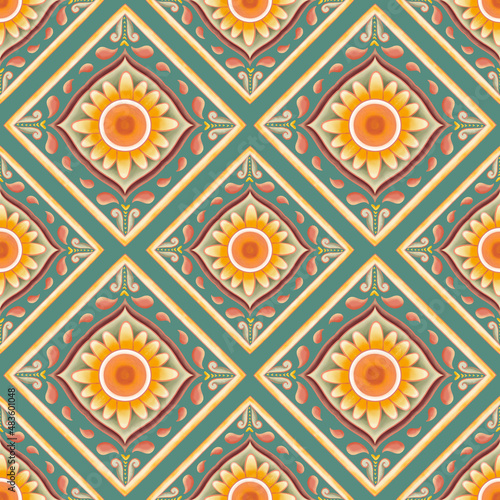 Sunflower on Green. Geometric ethnic oriental pattern traditional Design for background,carpet,wallpaper,clothing,wrapping,Batik,fabric, illustration embroidery style.