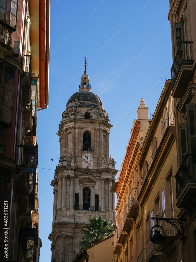 Malaga Cathedral from street of the city