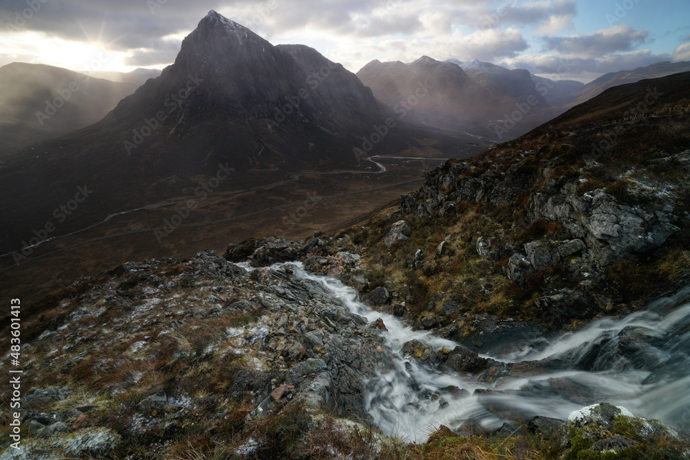 Sunset View of the Valley and mountains of Glencoe, Highlands Scotland. Sunset View of the Valley and mountains of Glencoe, Highlands Scotland.