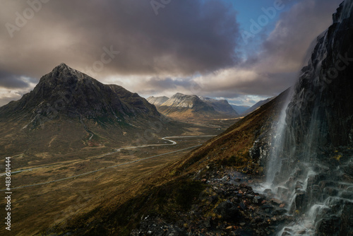 Sunset View of the Valley and mountains of Glencoe, Highlands Scotland.