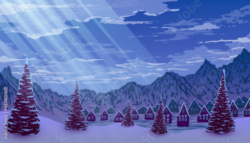 Winter landscape background. Village among snowy mountains and pine trees on background of clouds and sunrays