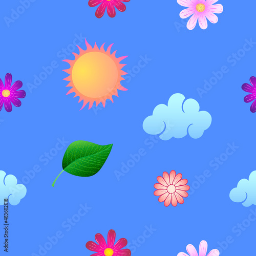 Spring vector seamless bright background with flowers, leaf, sun and clouds