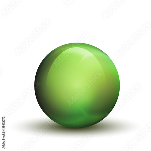 Glass green ball or precious pearl. Glossy realistic ball  3D abstract vector illustration highlighted on a white background. Big metal bubble with shadow