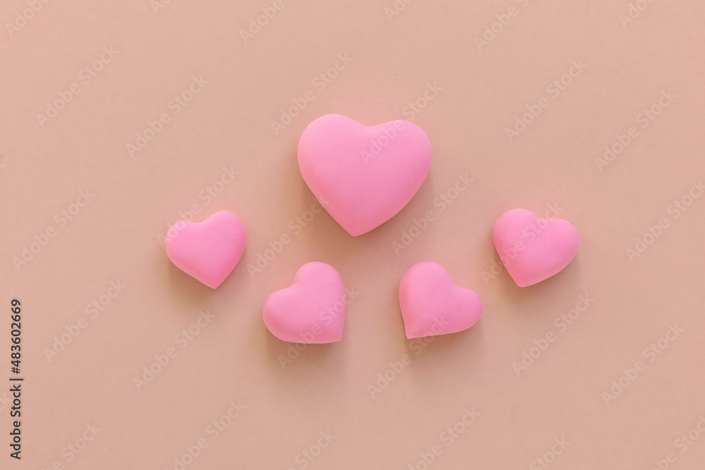 3d pink hearts creative arrangement. Concept of love, romantic relationship, heart shape symbol, simple layout, celebration of  Valentine's Day, wedding background.