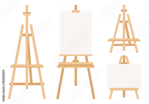 Set of wooden easels or painting art boards with white canvas. Flat vector illustration on a white background.