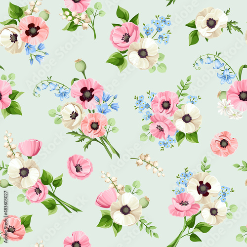 Vector seamless floral pattern with pink, blue, and white poppy, bluebell, forget-me-not, and lily-of-the-valley flowers on a light green background