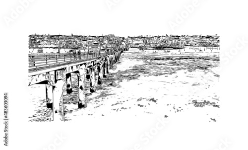 Building view with landmark of Manhattan Beach is the 
city in California. Hand drawn sketch illustration in vector.