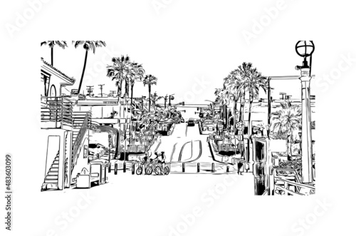 Building view with landmark of Manhattan Beach is the  city in California. Hand drawn sketch illustration in vector.