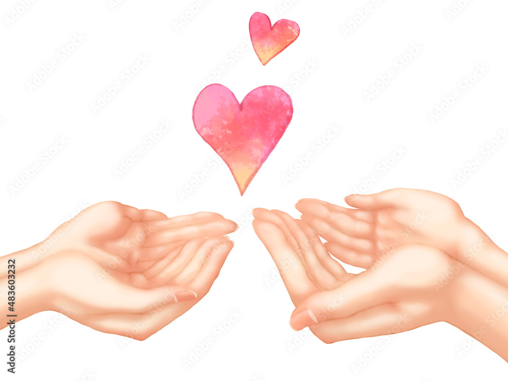 Obraz premium 両手をお椀にして差し出す男女の手とハート（恋人、夫婦）