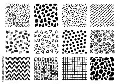 Set of hand drawn doodle sketch elements. Black and white tileable textures