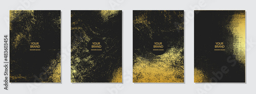 Cover design set. Black vintage backgrounds, unique golden grunge texture, text frame. Geometric abstract pattern. Collection of vector vertical templates for creative work.