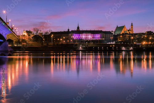 Warsaw cityscape with Old Town buildings across Vistula River at sunset.