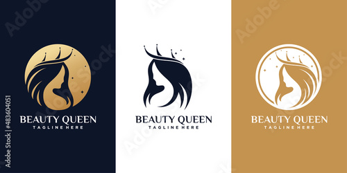queen beauty logo with creative hair style concept premium vector