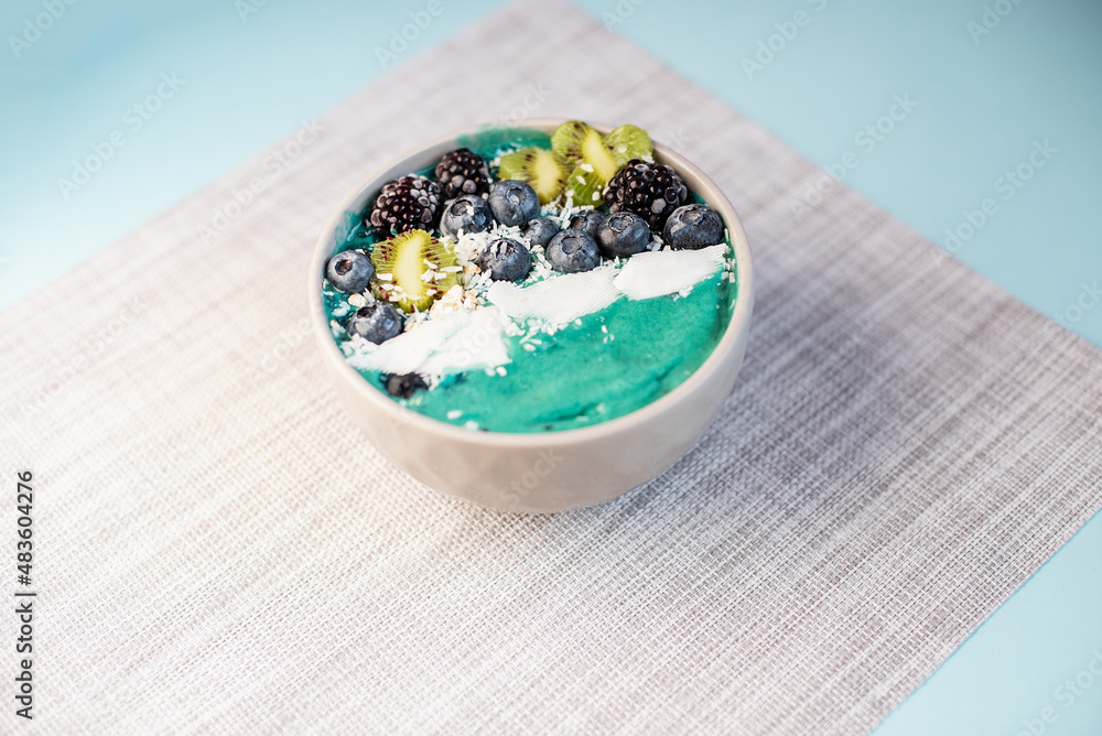 Healthy breakfast berry, banana smoothie bowl topped with Blueberries and chia seeds, blackberries, kiwi, coconut delicious blueberry smoothie bowl. vegan raw food. Selective focus. copy space. Healthy breakfast berry, banana smoothie bowl topped with Blueberries and chia seeds, blackberries, kiwi, coconut delicious blueberry smoothie bowl. vegan raw food. Selective focus. copy space.