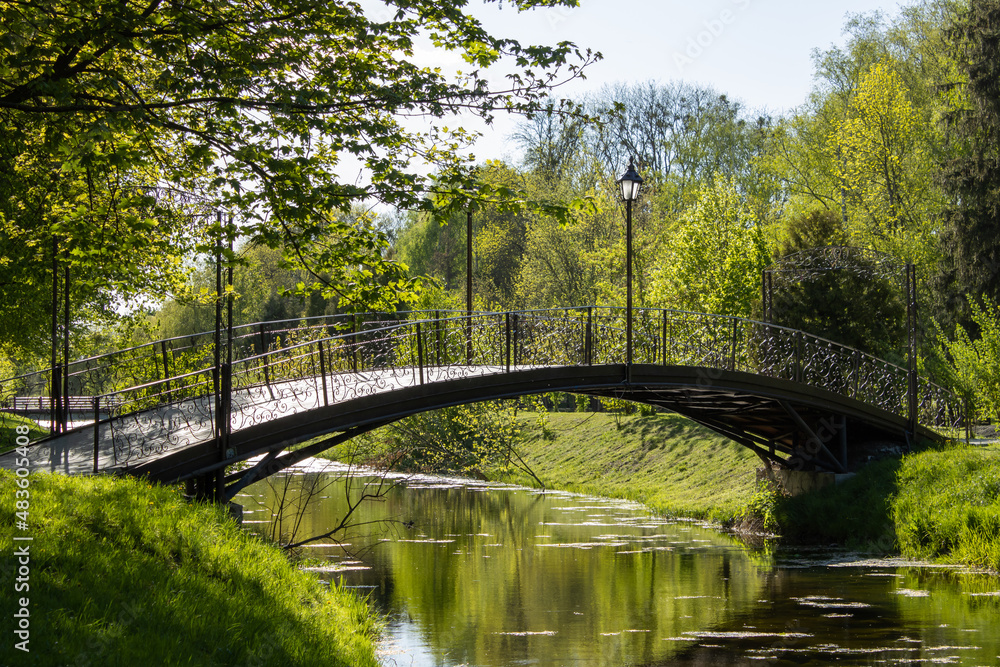 Picturesque nature in spring on a sunny day. Forged iron bridge and lanterns with artfulling figured details. Green young grass. Juicy leaves trees reflected in the blue water of the river. Picturesque nature in spring on a sunny day. Forged iron bridge and lanterns with artfulling figured details. Green young grass. Juicy leaves trees reflected in the blue water of the river.