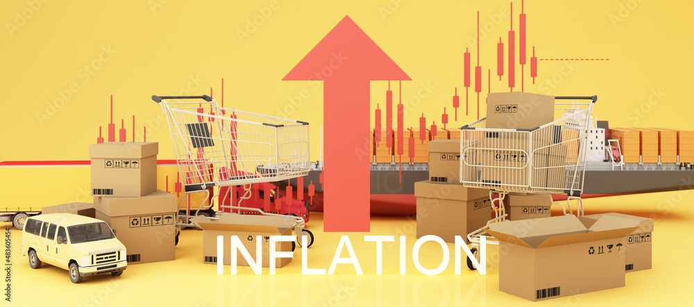 The concept of inflation is increasing. affecting international trade and transportation business in the yellow and red background and transport of the surrounding and cardboard 3d rendering