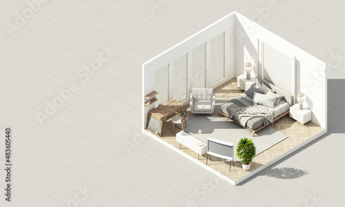 Fototapeta Naklejka Na Ścianę i Meble -  Interior in vintage minimalist style in the bedroom. using wood material and light gray cloth on parquet floor and arched walkways in an apartment with large windows 3d render isometric