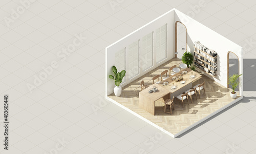 Fototapeta Naklejka Na Ścianę i Meble -  Interior in vintage minimalist style in the dining room. using wood material and light gray cloth on parquet floor and arched walkways in an apartment with large windows 3d render isometric