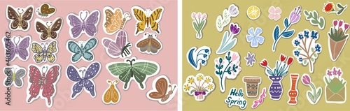 Spring flowers stickers stylized plants folk motifs hyuge bohemia english lettering hello spring hand drawn individual elements big set
