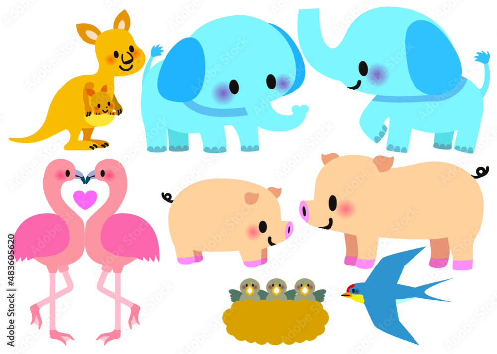 イラスト,かわいい,親子,ゾウ,ブタ,フラミンゴ,ツバメ, イラスト,かわいい,親子,ゾウ,ブタ,フラミンゴ,ツバメ,