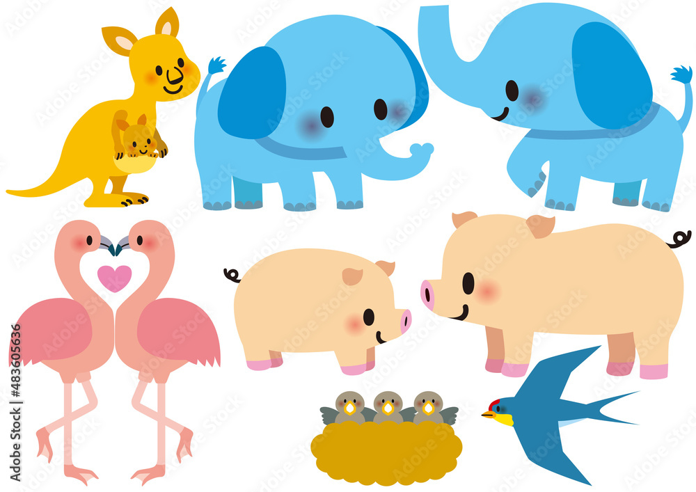 Fototapeta premium イラスト,かわいい,親子,ゾウ,ブタ,フラミンゴ,ツバメ,