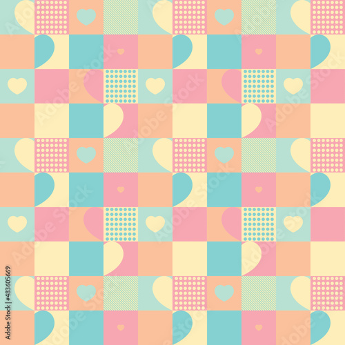Fototapeta Naklejka Na Ścianę i Meble -  Seamless pattern, bright colors, geometric shapes. Heart, circle, stripes. Children's holiday design. Pattern for wrapping paper, print, textile. Vector image. Abstract.