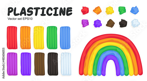 Kids modeling clay, colorful plasticine set with bricks, pieces and rainbow. Art process, creative workshop. Hand drawn illustration in modern cartoon flat style.