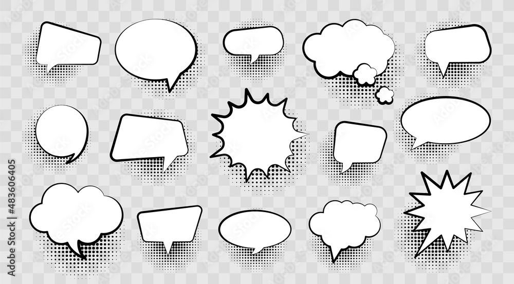Obraz premium Empty comic bubbles with halftone shadows on transparent background. Set of speech bubbles. Hand drawn dialog bubbles. Retro elements for design in pop art style and vintage.