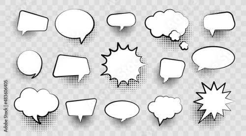 Empty comic bubbles with halftone shadows on transparent background. Set of speech bubbles. Hand drawn dialog bubbles. Retro elements for design in pop art style and vintage.