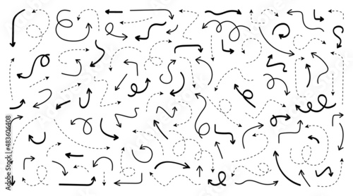 Hand drawn arrows set. Sketch curved dashed arrow. Arrows handmade doodle style. Collection arrows of varios shapes and directions. Vector illustration.