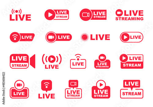 Live streaming icon set. Live broadcasting buttons and symbols. Set of online stream icons. Live stream logo. Social media. Vector illustration.
