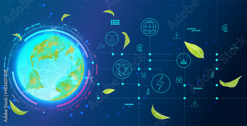 Vector. Planet Earth from space. Flickering lights of cities. Map of the mainland.  Save the planet, nature, and the environment.  Vecror iilustration.