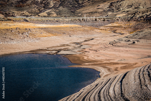Photography receding shoreline of reservoir