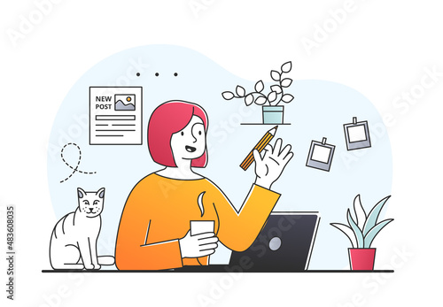 Creating content concept. Girl sitting at home with laptop with cat. Owner and pet. Work from home, freelancer, designer and modern technology. Internet and gadget. Cartoon flat vector illustration