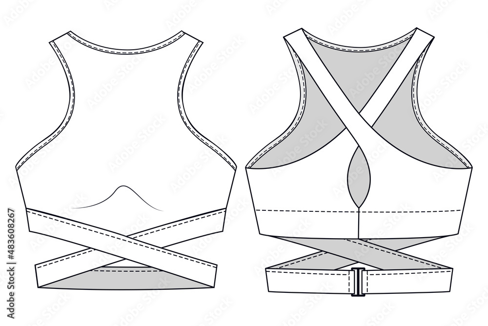 Girls Sports Bra fashion flat sketch template. Women Active wear Crop top  technical fashion illustration. Front and back view. Outline fashion  technical sketch of clothes model. Stock Vector | Adobe Stock