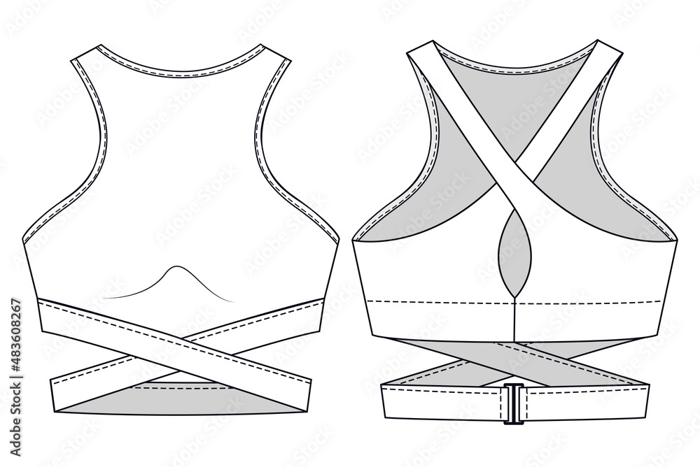 Girls Sports Bra fashion flat sketch template. Women Active wear Crop