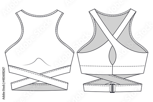 Girls Sports Bra fashion flat sketch template. Women Active wear Crop top technical fashion illustration. Front and back view. Outline fashion technical sketch of clothes model.