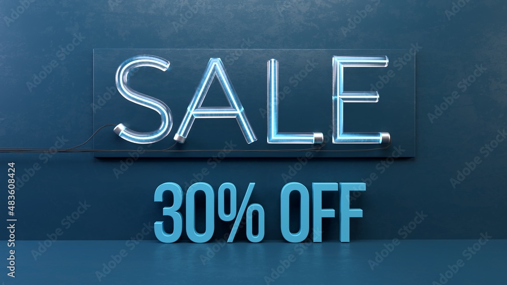 sale neon effect 3d rendering with cyan background template for your business