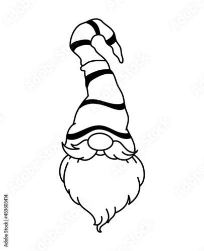 Cute Scandinavian gnome in a long funny hat and a long beard. Cartoon hand-drawn style. Vector romantic illustration for Valentine's Day cards, gifts, t-shirts, mugs, stickers, and design.
