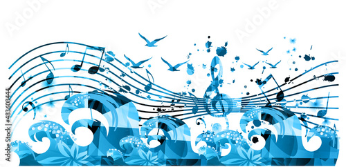 Musical poster with musical notes, waves and gulls isolated vector illustration. Inspirational music, composing, creating music. Design for live concert events, music festivals, shows, party flyers