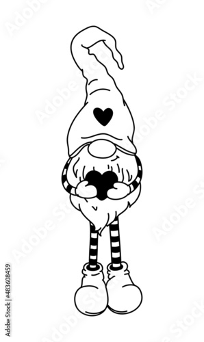 Cute Scandinavian gnome holding a heart in his hands. Cartoon linear style. Vector romantic illustration for Valentine's Day cards, gifts, t-shirts, mugs, stickers, and design.