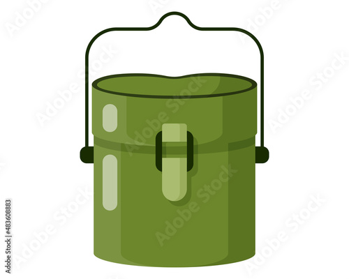 Green military soldier metal camping pot or mess kit for cooking. Touristic equipment for camping and tourism.