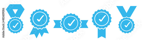 Approval vector icon. Approved stamp or medal. Certificate symbols isolated on white background. Set premium quality badges with ribbons. Vector illustration.
