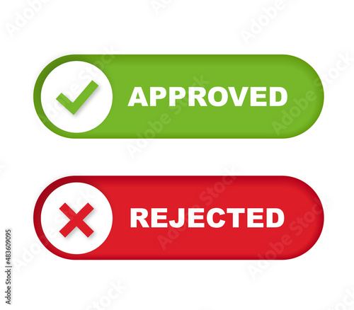 Approved and rejected vector signs. Right and wrong button. Green check mark yes and red cross no icon. Vector illustration.