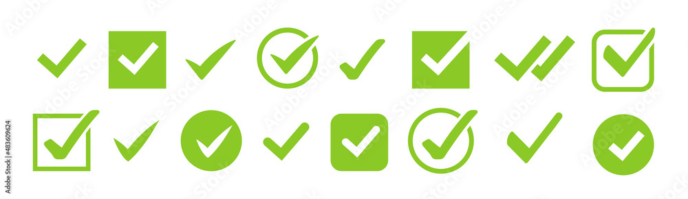 Check marks icons. Green tick symbol. Checkmark buttons set in circle and square boxes. Modern vector elements isolated. Check marks icons. Green tick symbol. Checkmark buttons set in circle and square boxes. Modern vector elements isolated.