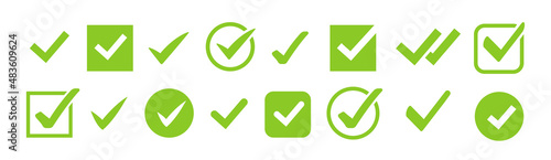 Check marks icons. Green tick symbol. Checkmark buttons set in circle and square boxes. Modern vector elements isolated. photo