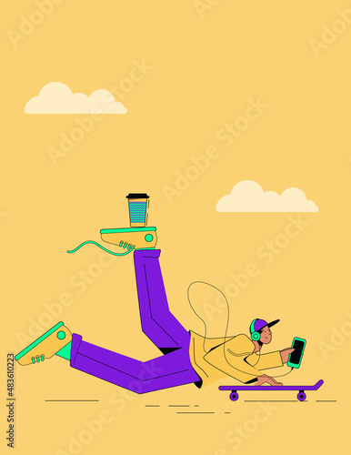A young man balances on a skateboard with coffee and a phone. Vector illustration