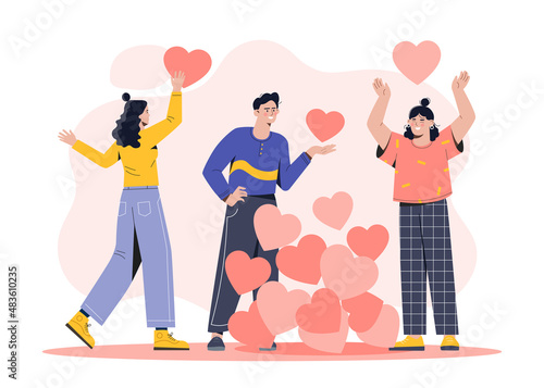 People sharing kidness and caring. Metaphor for kindness and charity, sympathetic and friendly characters. Friends send hearts, care and love to everyone, volunteers. Cartoon flat vector illustration