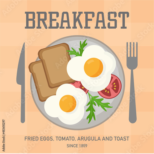 Breakfast of fried eggs toast and tomatoes 