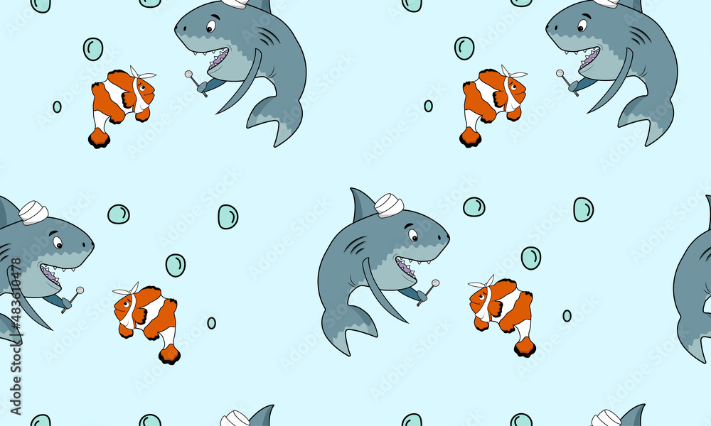Fototapeta premium Seamless pattern with a shark and a small clown fish on a blue background. Vector illustration. Cartoon dentist shark. Baby seamless pattern for a medical theme.